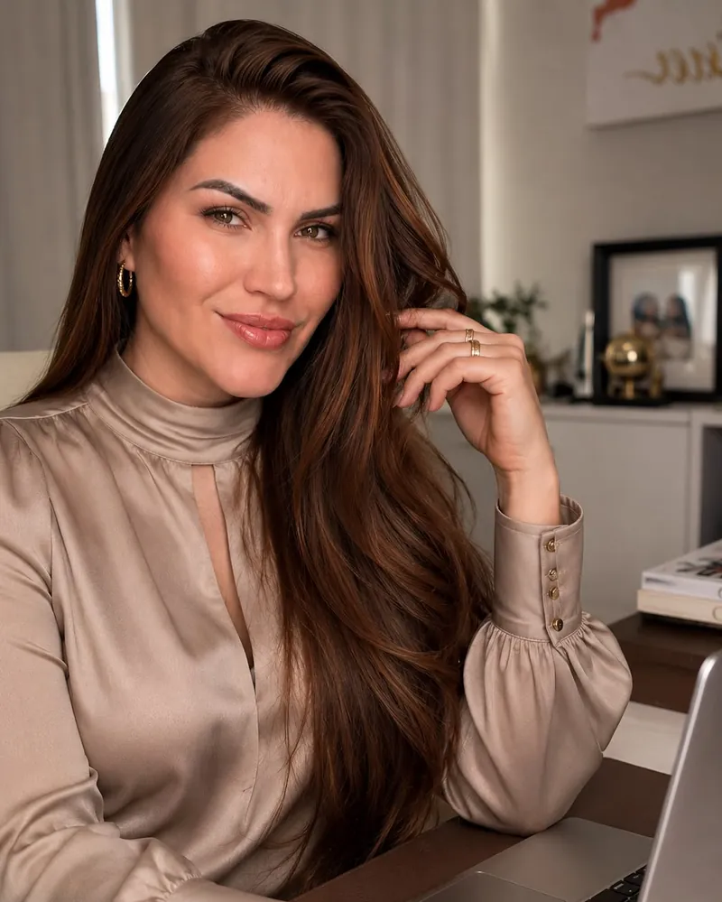 Ana Schneider, sorrindo, no escritório